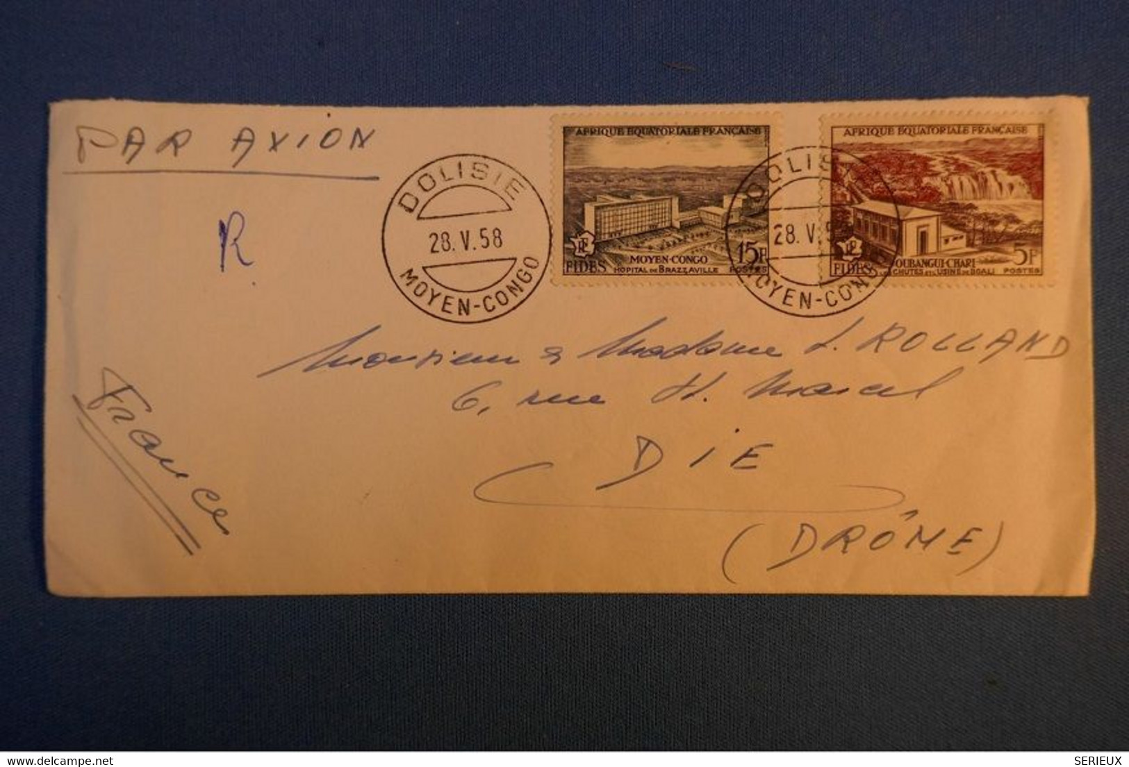 A85 AFRIQUE EQUATORIALE FRANC MOYEN CONGO BELLE LETTRE 1958 DOLISIE PAR AVION POUR DIE DROME FRANCE - Cartas & Documentos