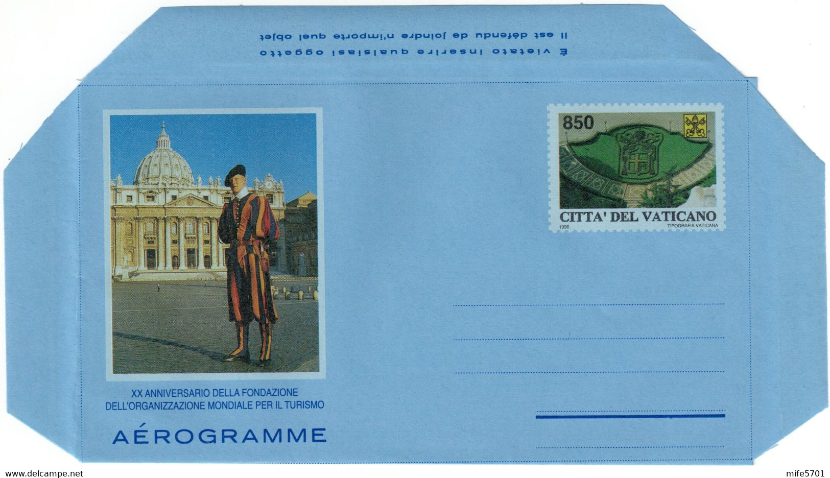 VATICANO INTERO POSTALE / AEROGRAMMA TIPO 20° ORGANIZZAZIONE MONDIALE TURISMO L. 850 - 1996 - FILAGRANO "A34" - NUOVO ** - Postal Stationeries