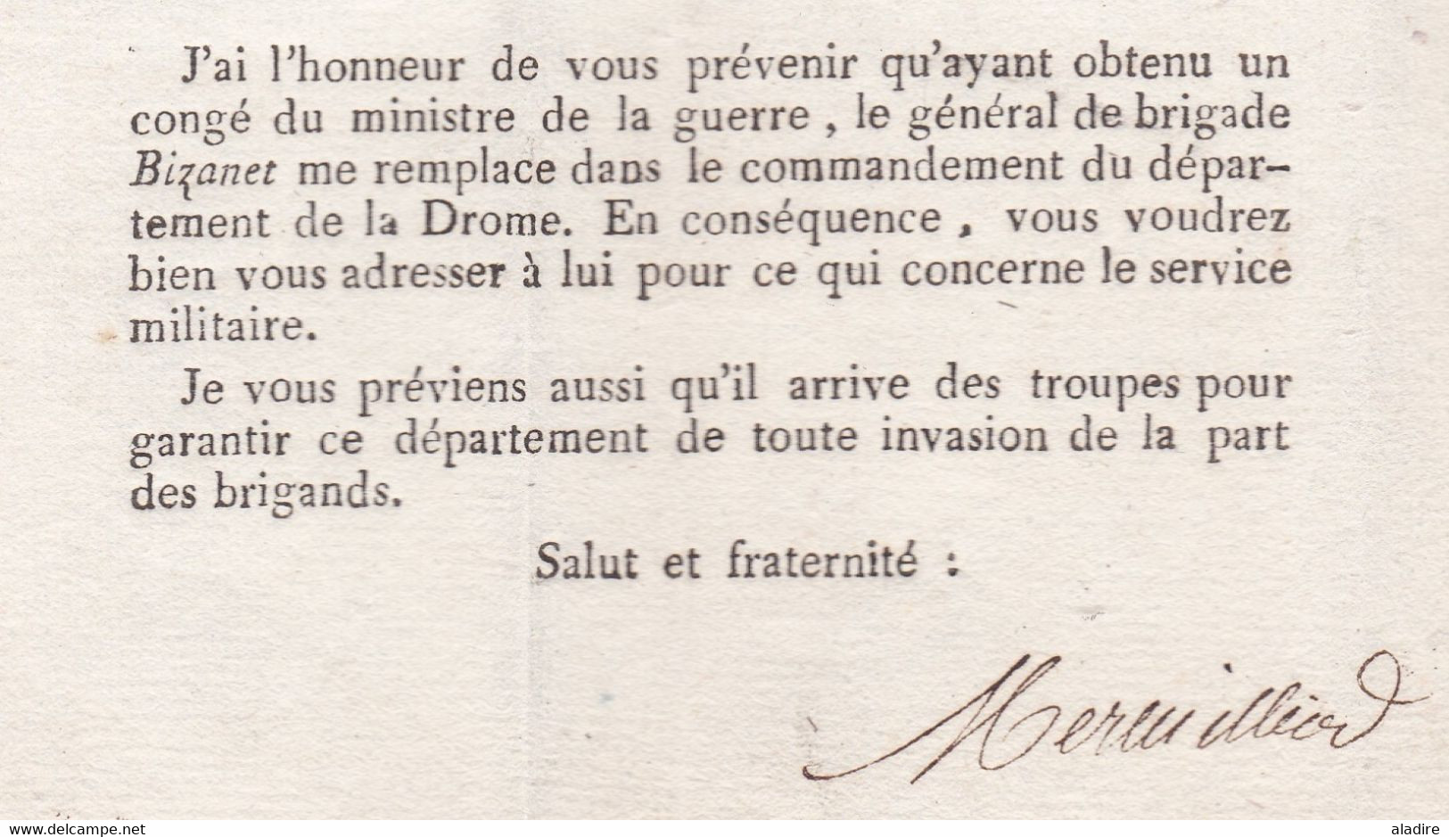 1800 - An 8 - Service Militaire - Marque Postale 25 VALENCE sur lettre imprimée pliée vers Saint Vallier, Drôme