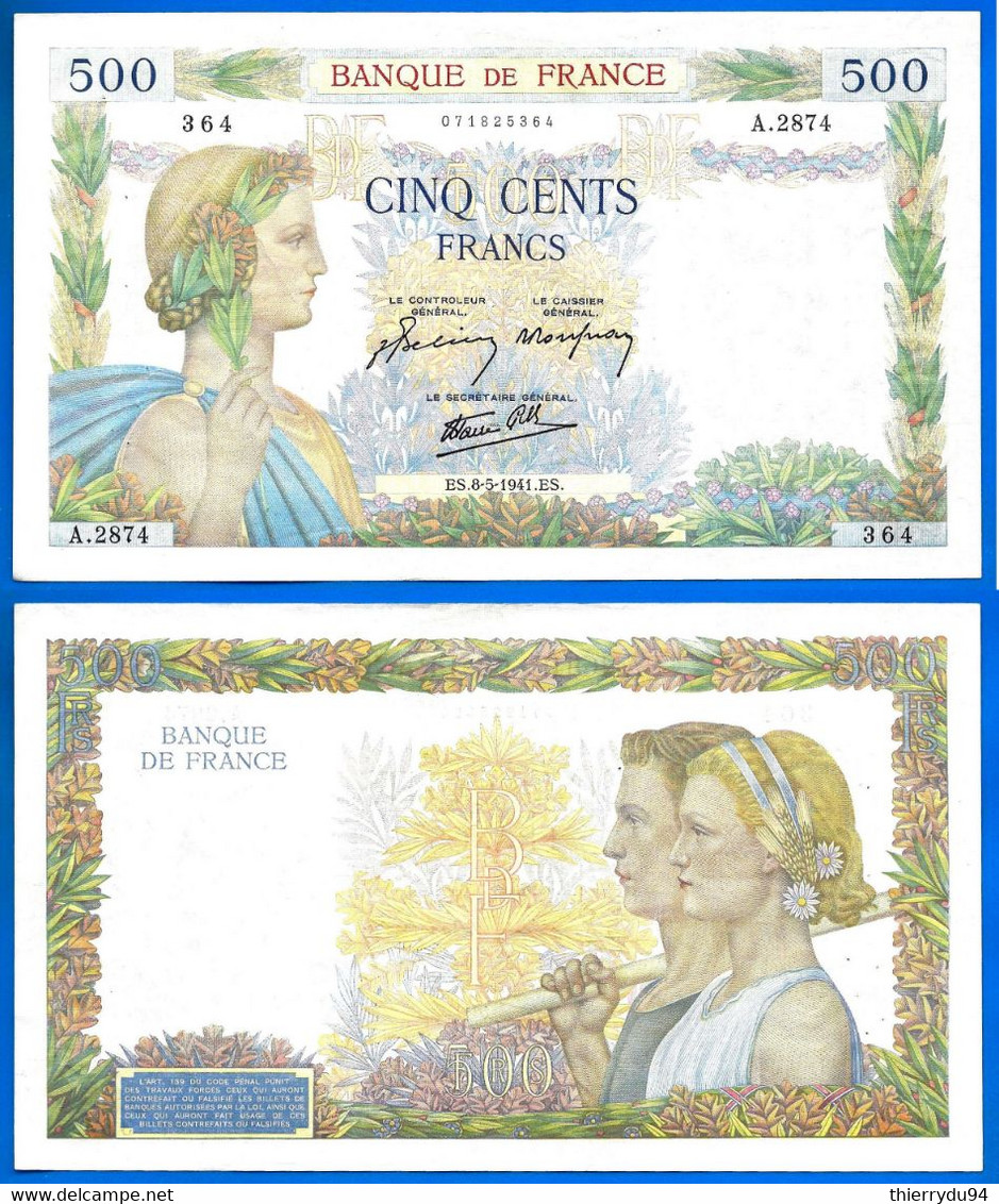 France 500 Francs 1941 8 Mai La Paix Serie A Que Prix + Port Frcs 08 05 1941 Frc Europe Paypal Bitcoin OK - 500 F 1940-1944 ''La Paix''