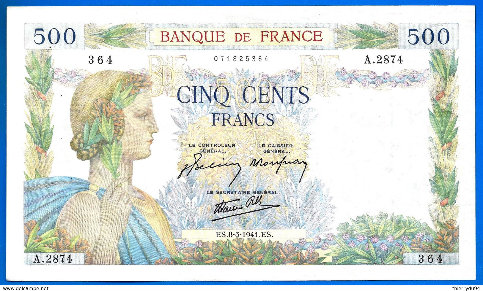 France 500 Francs 1941 8 Mai La Paix Serie A Que Prix + Port Frcs 08 05 1941 Frc Europe Paypal Bitcoin OK - 500 F 1940-1944 ''La Paix''