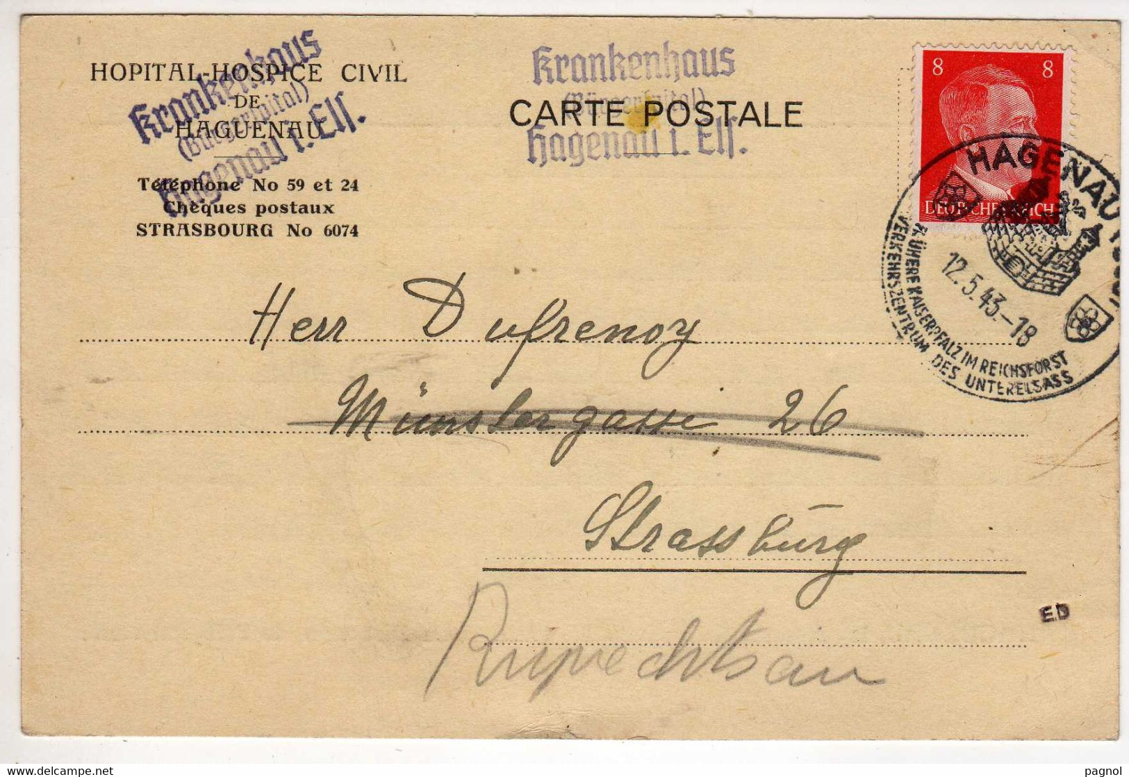 67 : Haguenau : Carte Pub. Hopital-Hospice-Civil  ( Cachet ) - Haguenau