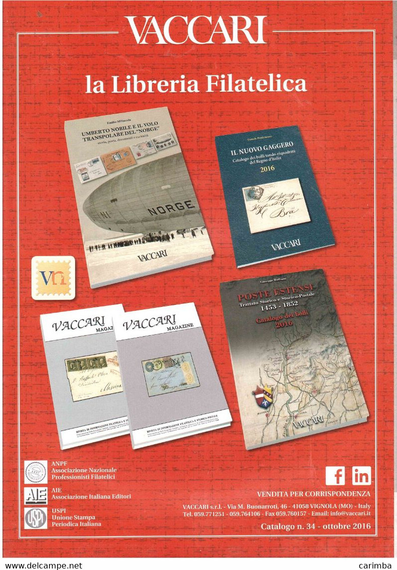 VACCARI LA LIBRERIA FILATELICA OTTOBRE 2016 - Italië