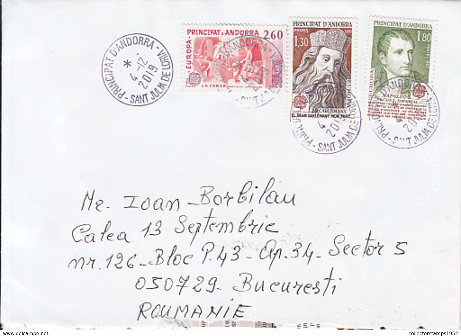 91828- EUROPA CEPT, PERSONALITIES, FINE STAMPS ON COVER, 2019, ANDORRA - Covers & Documents