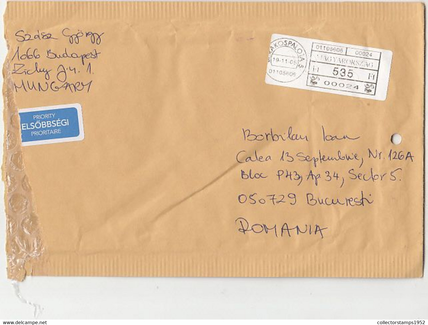 8177FM-AMOUNT 535, MACHINE PRINTED STICKER STAMP ON COVER, 2019, HUNGARY - Brieven En Documenten