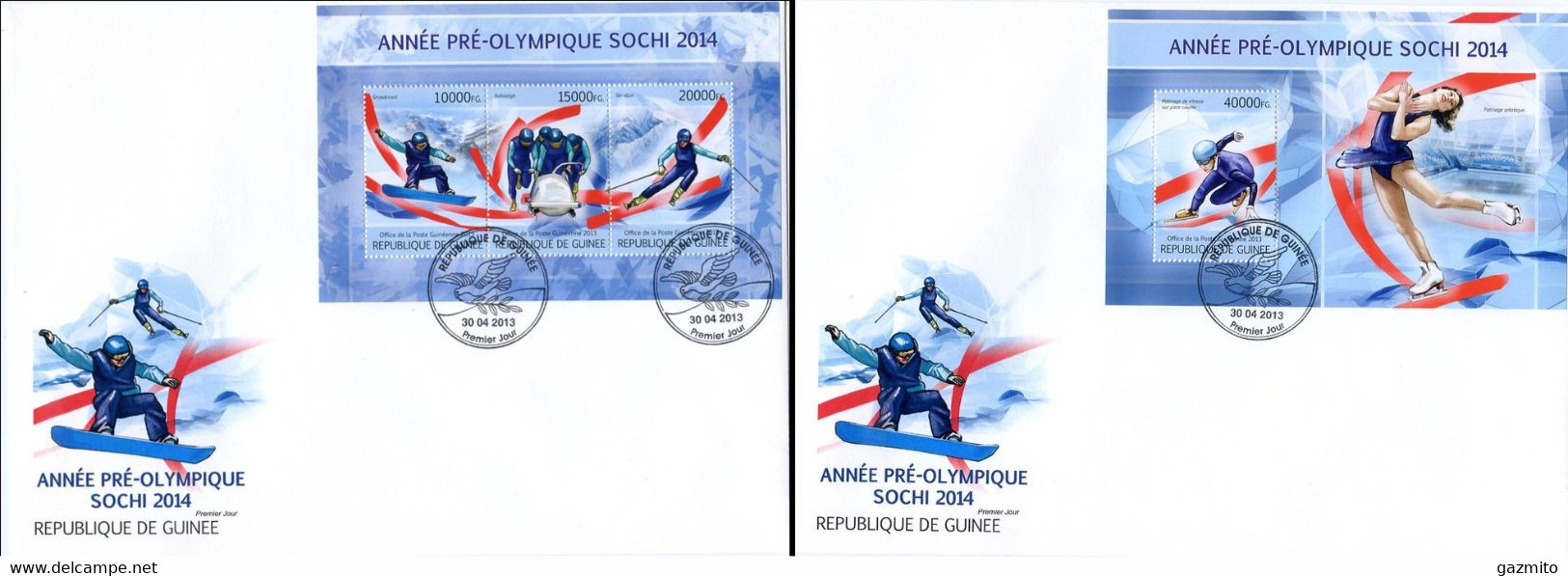 Guinea 2013, Pre Winter Olympic Games, Smowboard, Sking, Bobsleig, 3val In BF +BF In 2FDC - Winter 2014: Sochi