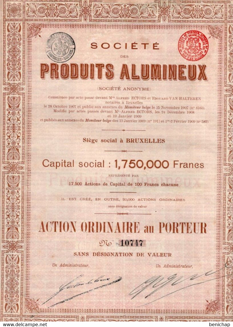 Action Ordinaire Au Porteur - Société Des Produits Alumineux S.A. - Bruxelles - 1909. - Industry