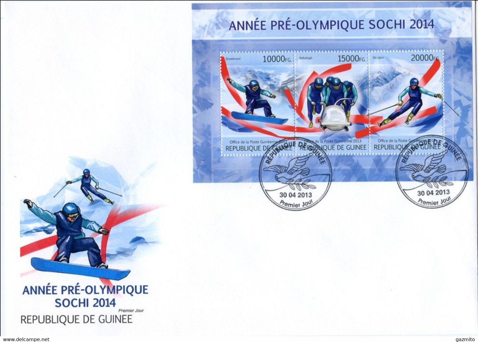 Guinea 2013, Pre Winter Olympic Games, Smowboard, Sking, Bobsleig, 3val In BF FDC - Skateboard