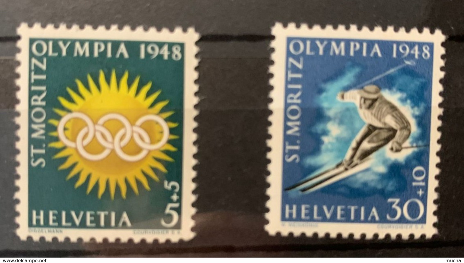 11104 -  Suisse  Jeux De St-Moritz 1948 ** Neuf MNH Nos 25x & 28x Papier Mêlé Bleu, Rouge & Jaune - Winter 1948: St. Moritz