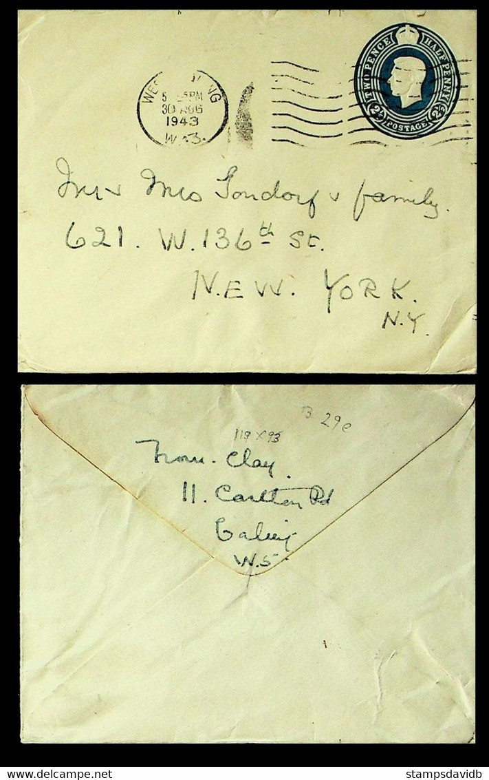 1943	GB	Mail Envelope	US ARMY APO 2.5d KGVI PS IN NEW YORK, USA - Sin Clasificación