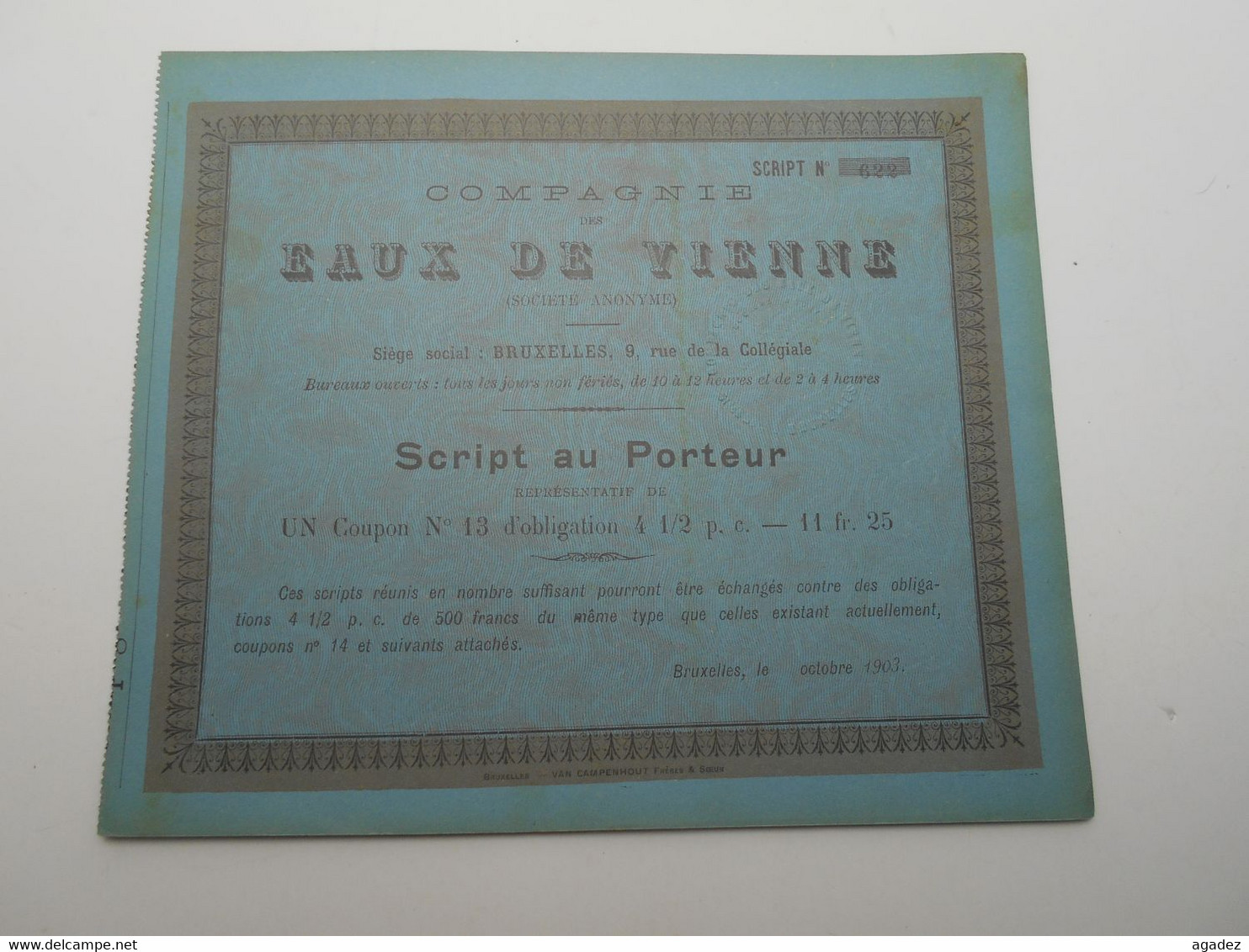 Script Au Porteur " Cie Des Eaux De Vienne"1903 Bruxelles Wien Wasser.N° 622. - Water