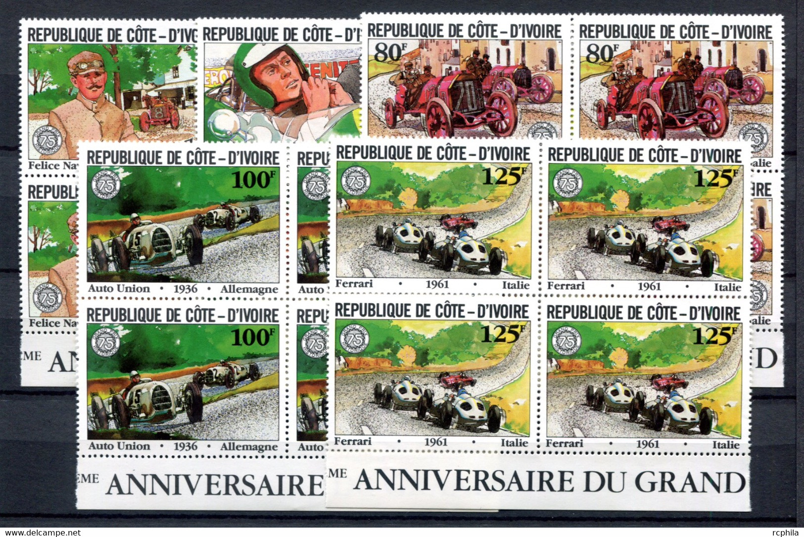 RC 19023 COTE D'IVOIRE COTE 22€ N° 593 / 597 GRAND PRIX DE L'AUTOMOBILE DE FRANCE SERIE COMPLÈTE BLOCS DE 4 NEUF ** TB - Côte D'Ivoire (1960-...)