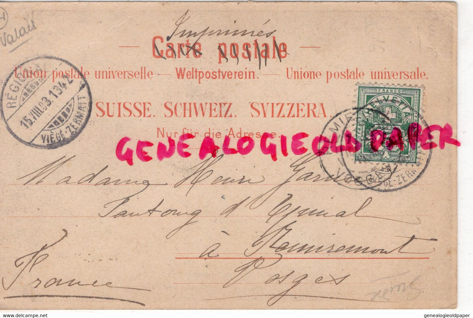 SUISSE - ZERMATT - GORNERSCHLUCHT -VALAIS-CARTE PRECURSEUR 1903- EDITEUR ANSTALT BRUGGER MEIRINGEN - Saint-Luc