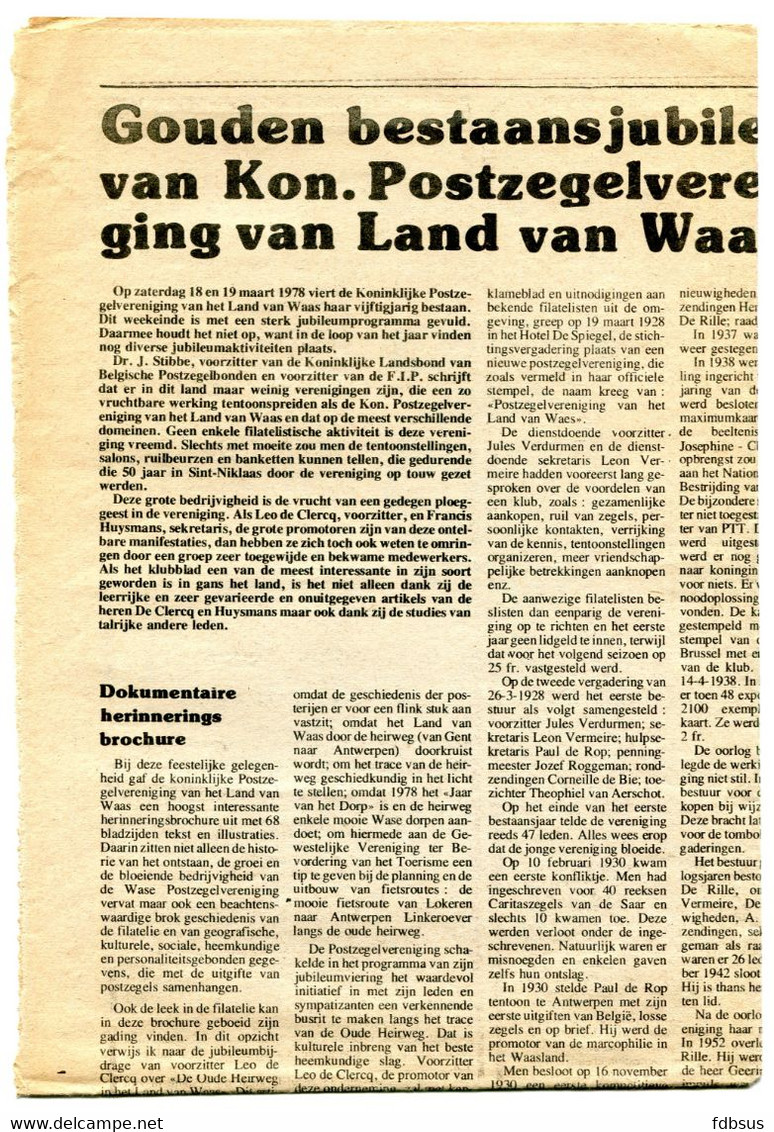 1978 Reportage Uit Het Vrije Waasland - Gouden Bestaansjubileum Van Postzegelvereniging Land Van Waas - Antique