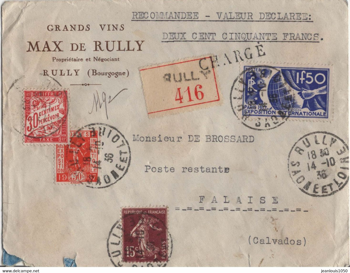 FRANCE LETTRE RECOMMANDEE DE CHARGEMENT OBLITERATION MULTIPLE DONT EXPO PARIS 1937 TAXEE - Other & Unclassified