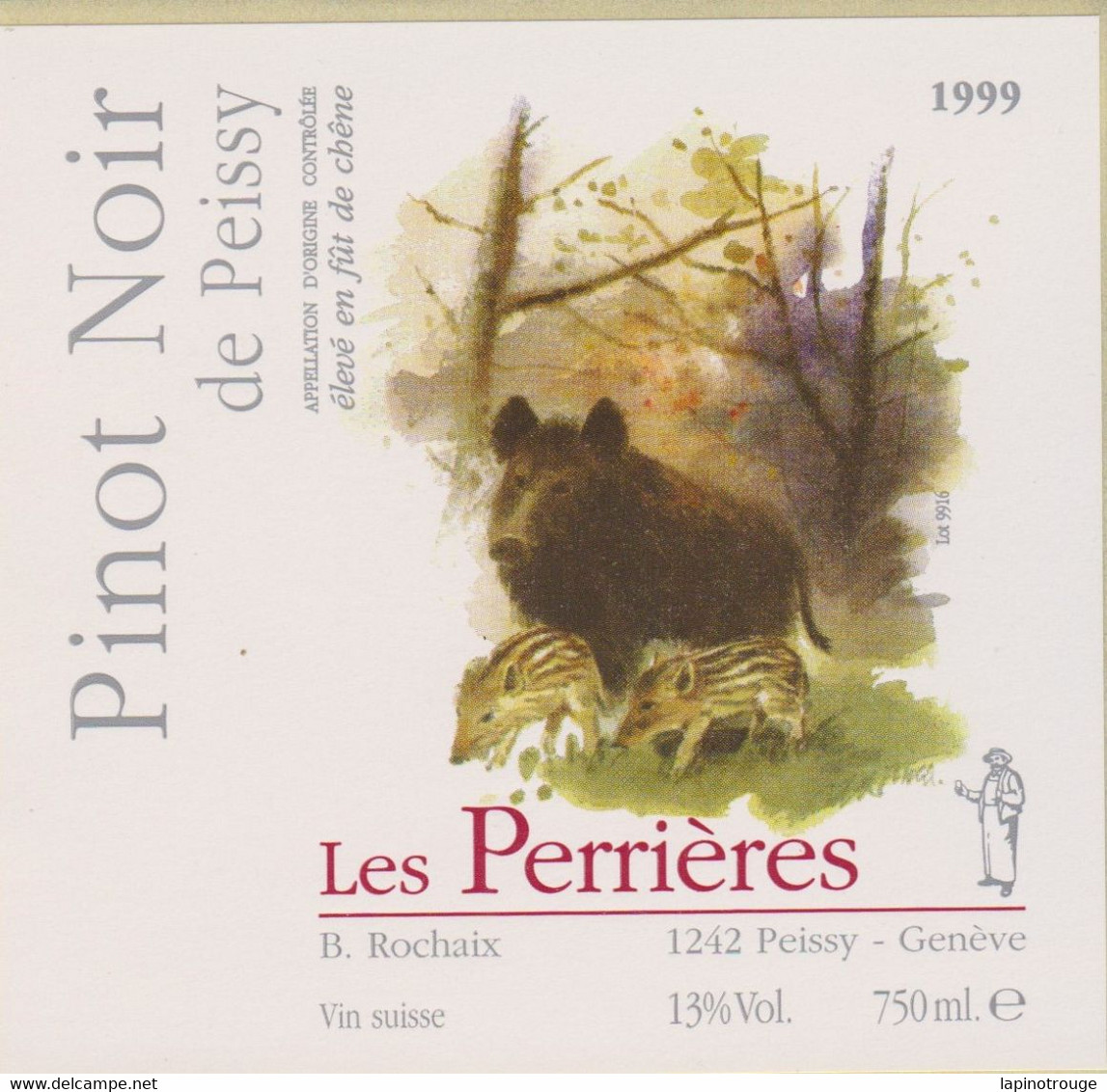 Etiquette Vin Pinot Noir De Peissy Les Perrières 1999 (Sanglier) - El Arte De La Mesa