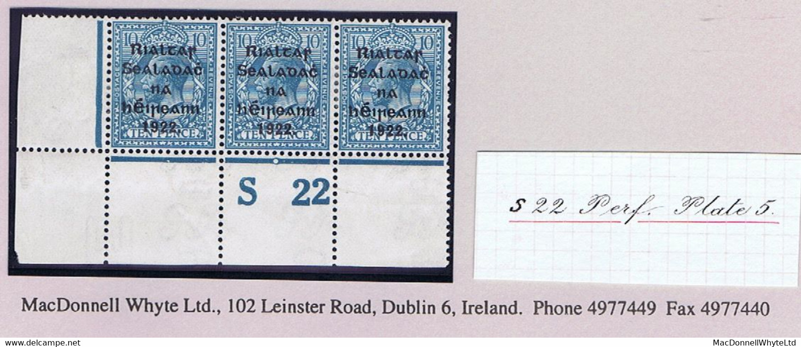 Ireland 1922 Thom Rialtas Blue-black 10d, Corner Strip Of 3 Control S22 Perf Fresh Mint, Hinged - Ungebraucht