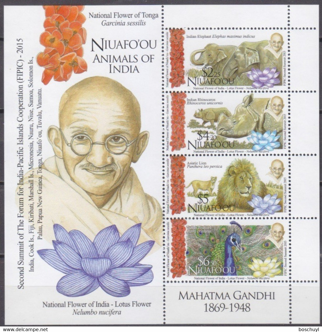 Niuafo'ou, 2016, Cooperation With India, Gandhi, Elephant, Rhino, Lion, Bird, Animals, MNH, Michel Block 67 - Andere-Oceanië
