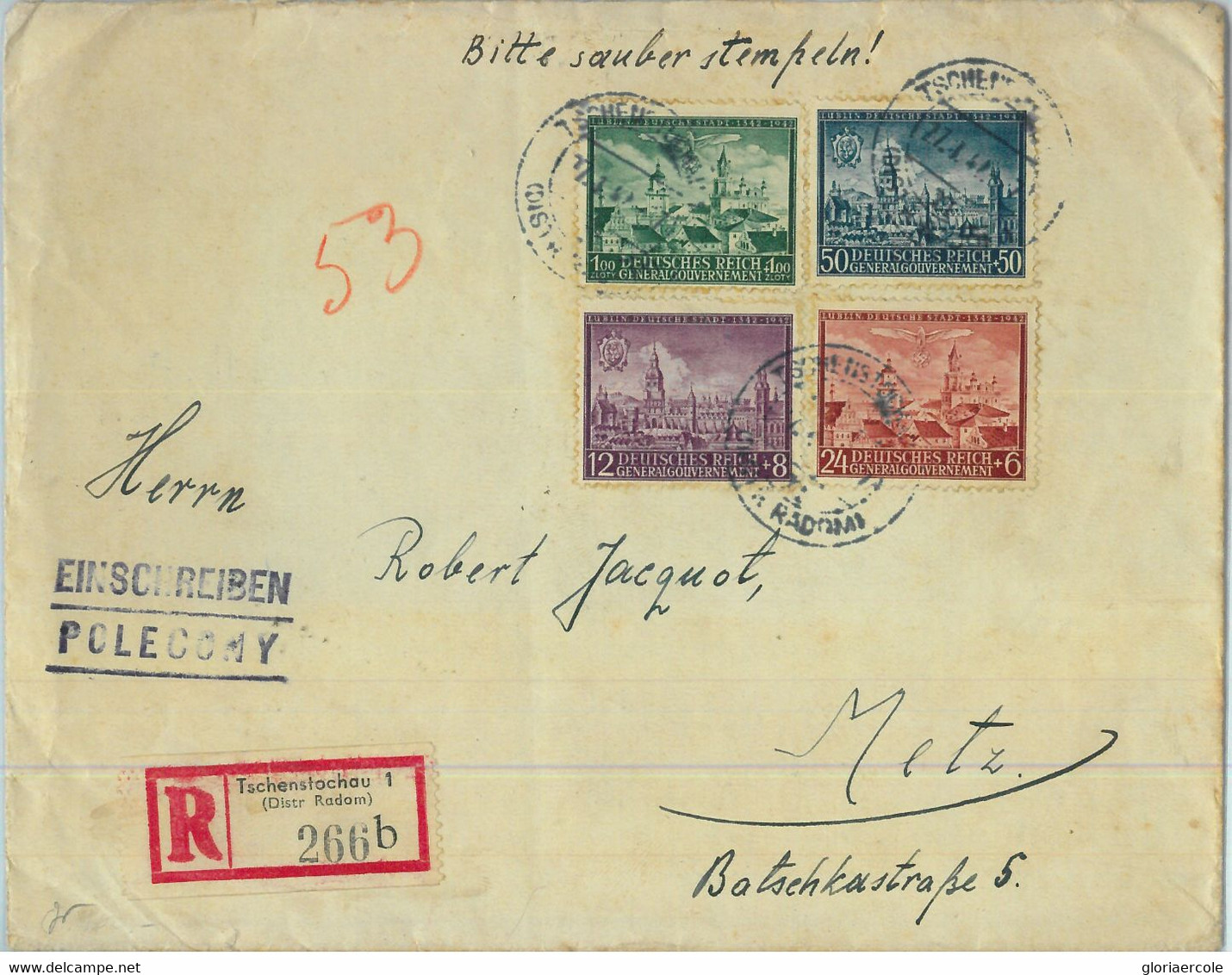 95394 - POLAND General Government - POSTAL HISTORY - REGISTERED Cover From  Tschenstochau 1942 - Sonstige & Ohne Zuordnung