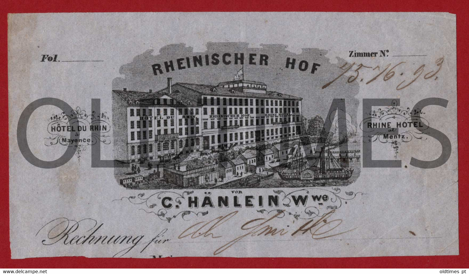 GERMANY - MAINZ - RHEINISCHER HOF - RHINE HOTEL - C. HANLEIN - 1893 INVOICE - 1800 – 1899