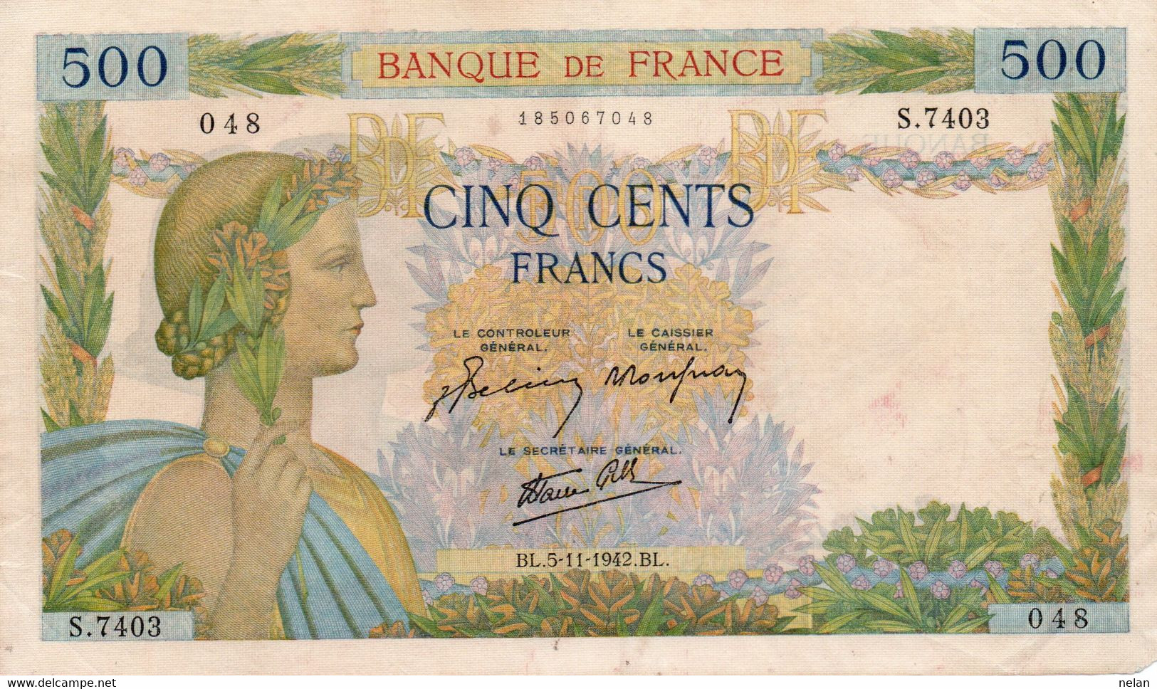 FRANCIA 500  FRANCS 1942.BL  P-95 XF++AUNC (piccolo Difetto Invisibile Angolo Destro Base) - 500 F 1940-1944 ''La Paix''