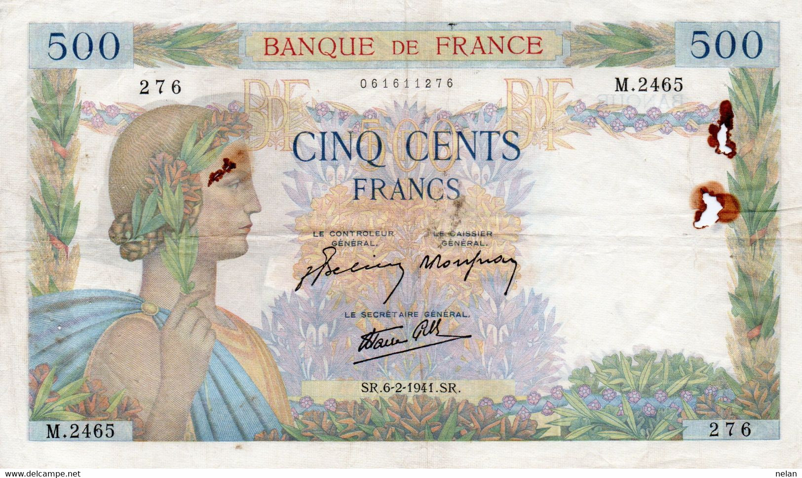 FRANCIA 500  FRANCS 1941.SR.  P-95  XF+ (piccolo Difetto Macché Di Ruggine) - 500 F 1940-1944 ''La Paix''