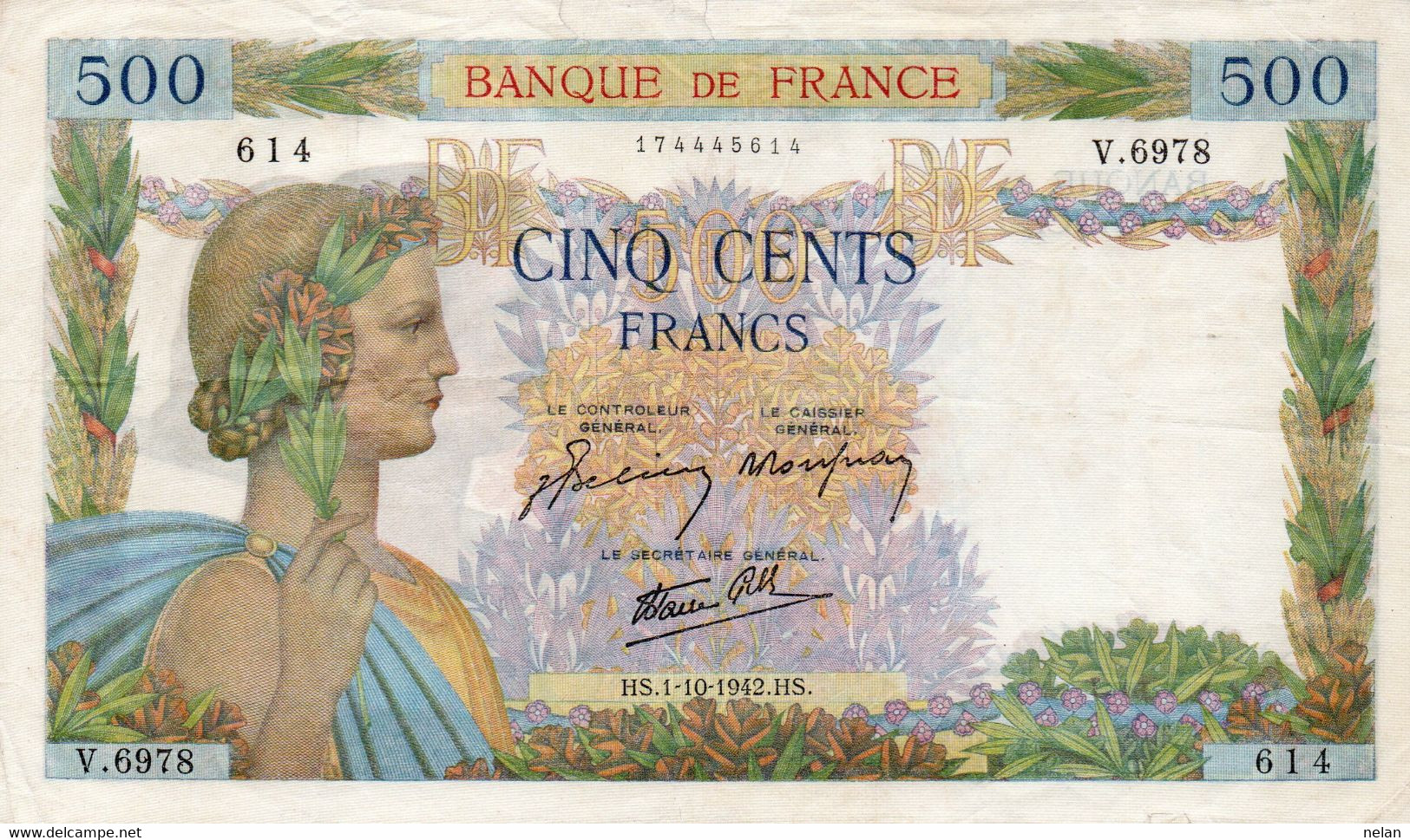 FRANCIA 500  FRANCS 1942.hs.  P-95  XF+ (piccoli Strappi Parte Di Sopra) - 500 F 1940-1944 ''La Paix''