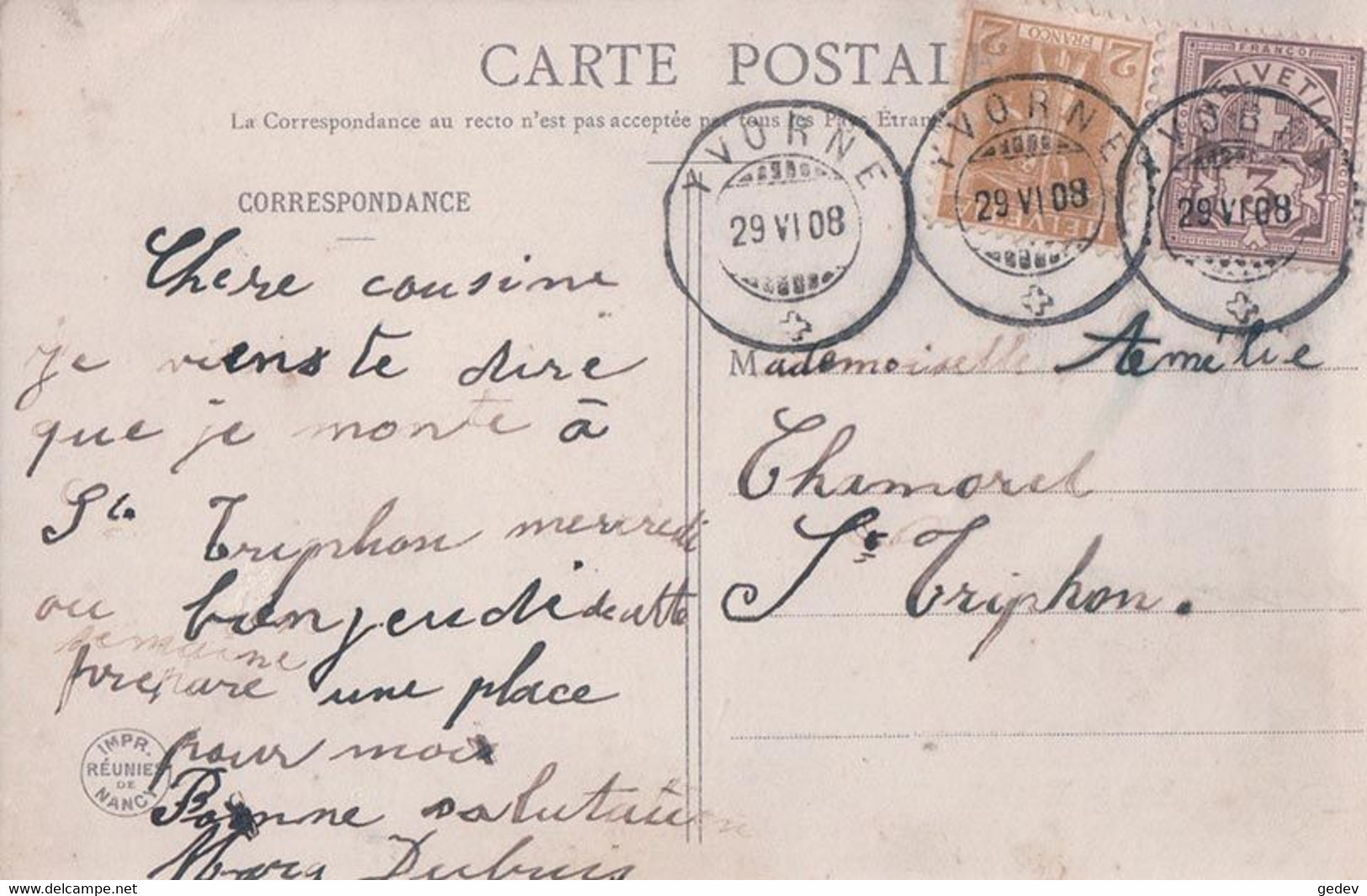 Carte Postale Salut D'Yvorne  + Timbre 3 Ct Zst N°81 Et 101 Fils De Tell (29.6.1908) - Andere & Zonder Classificatie