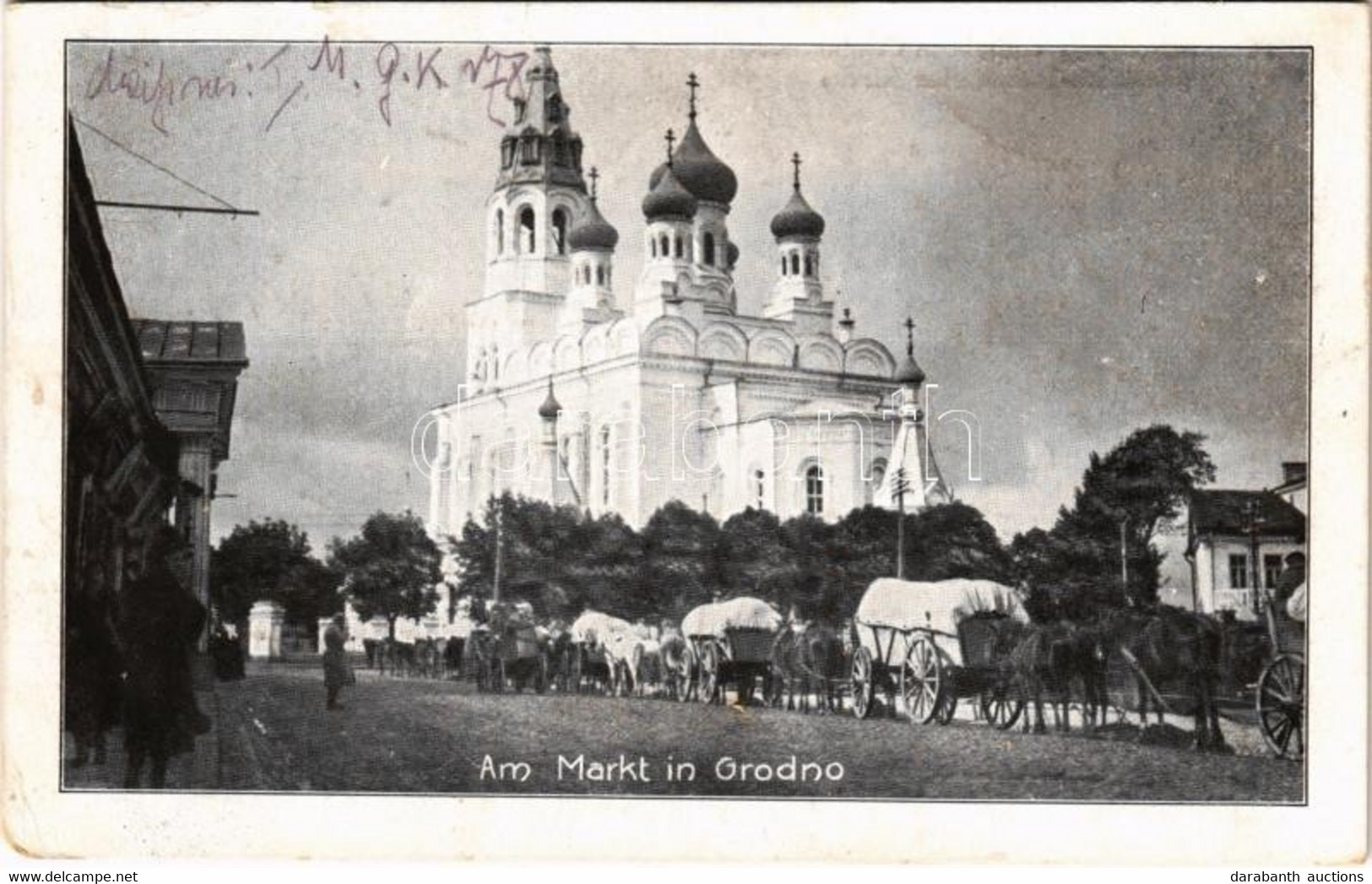 T3 1917 Hrodna, Grodno; Am Markt / Street View, Church, Market Vendors (worn Corner) - Zonder Classificatie