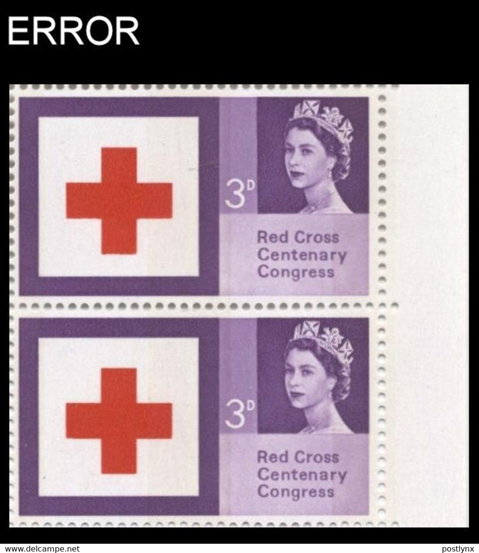 GREAT BRITAIN 1963 Red Cross Queen II 3d  ERROR Phosph. Deeper Shading MARG. PAIR - Variétés, Erreurs & Curiosités