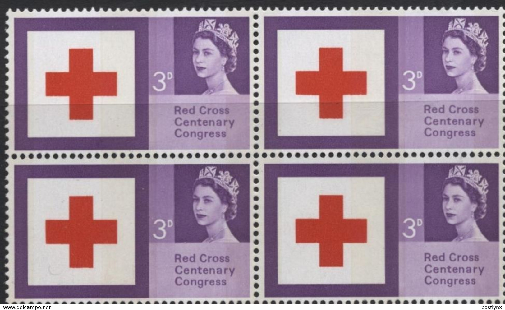 GREAT BRITAIN 1963. Red Cross Queen II 3d  ERROR Phosph. Deeper Shading 4-BLOCK - Errors, Freaks & Oddities (EFOs