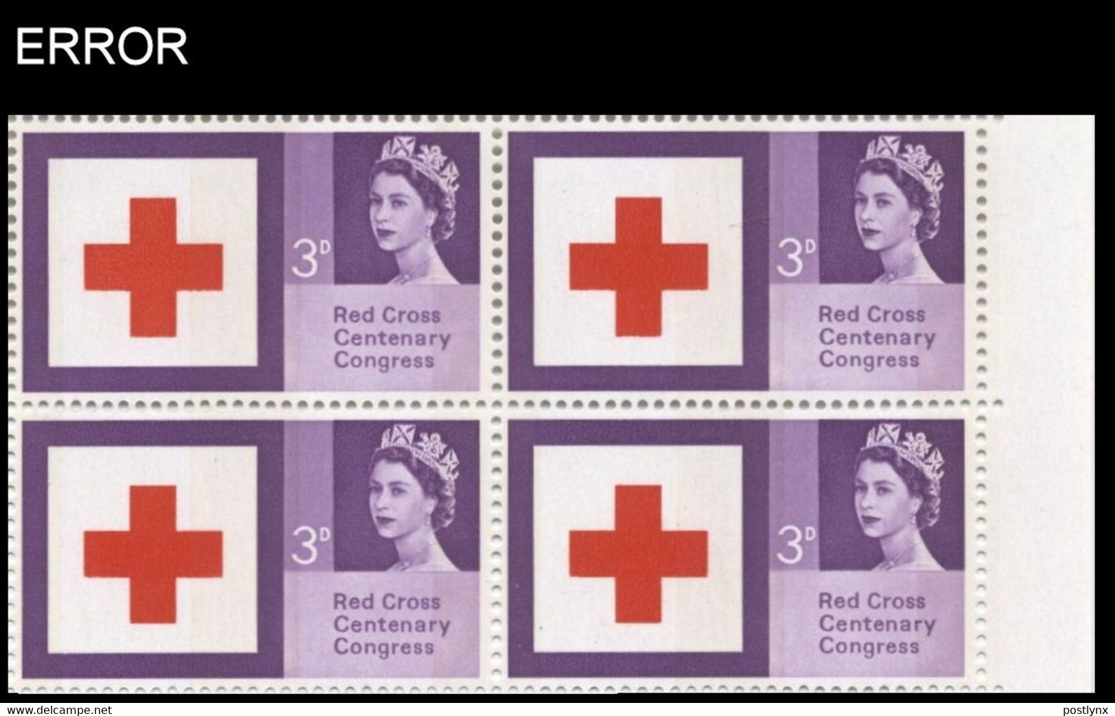 GREAT BRITAIN 1963 Red Cross Queen II 3d  ERROR Phosph. Deeper Shading 4-BLOCK.MARG - Errors, Freaks & Oddities (EFOs