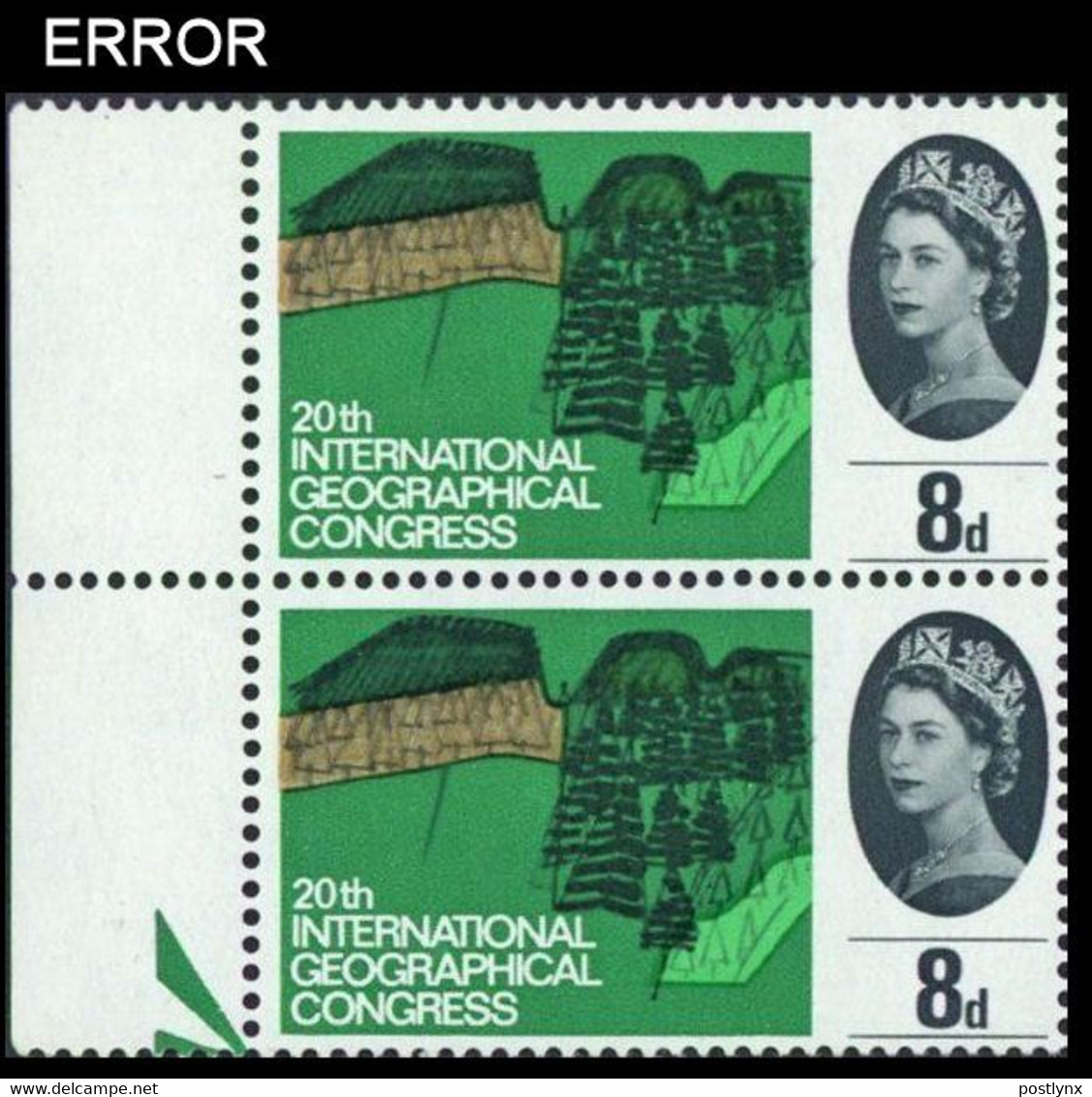 GREAT BRITAIN 1964 IGC Trees 8d MARG.PAIR ERROR:lawn Bright Green Geography - Errors, Freaks & Oddities (EFOs