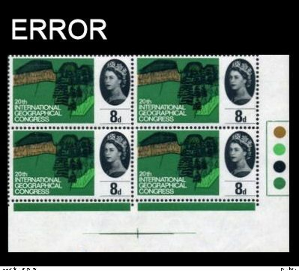 GREAT BRITAIN 1964 IGC Trees 8d CORNER.4-BLOCK ERROR:lawn Bright Green - Errors, Freaks & Oddities (EFOs