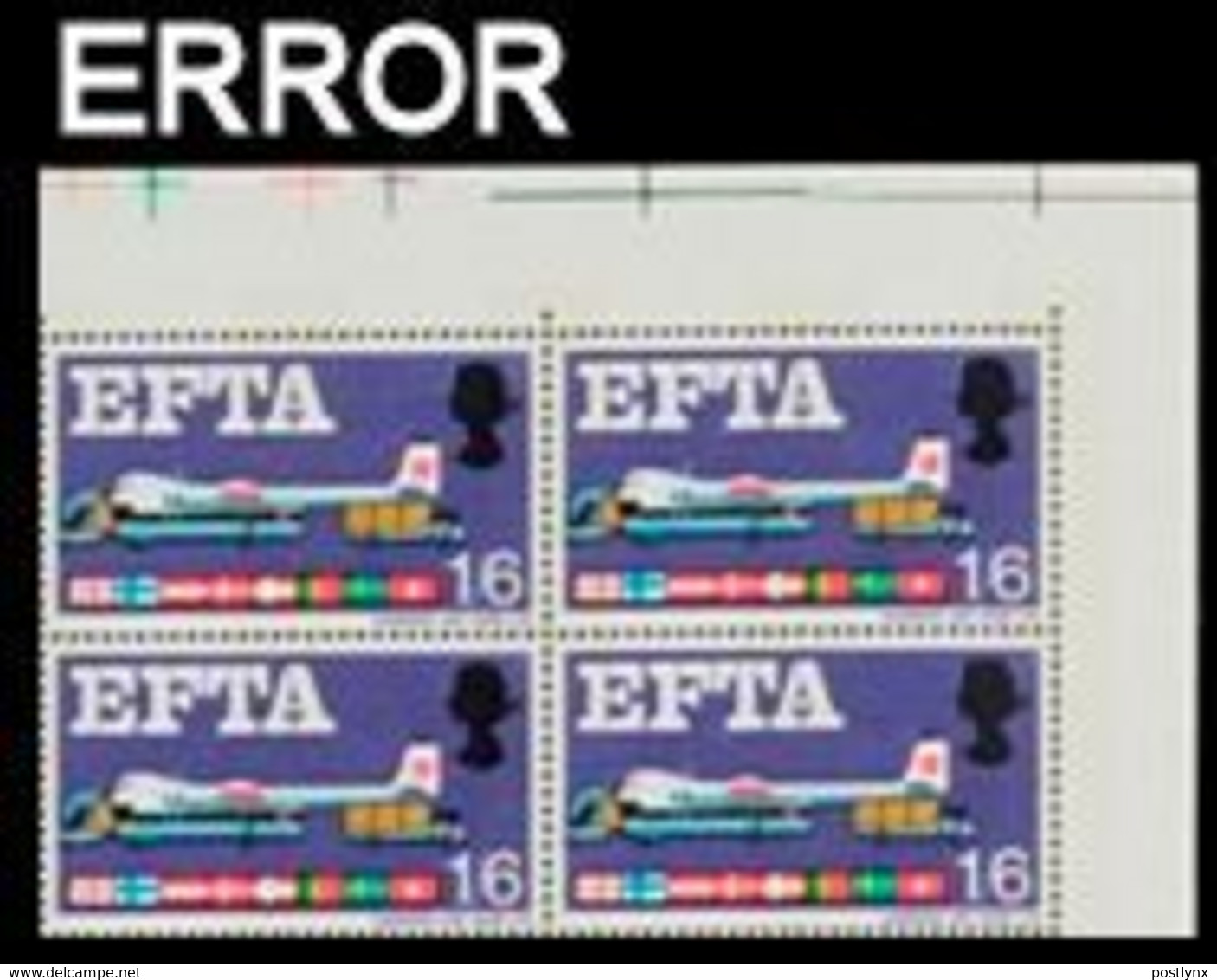 Great Britain 1967 Airplane Freighter Carrier Cargo EFTA 1/6 CORNER 4-BLOCK ERROR:Norwegian Flag - Variétés, Erreurs & Curiosités