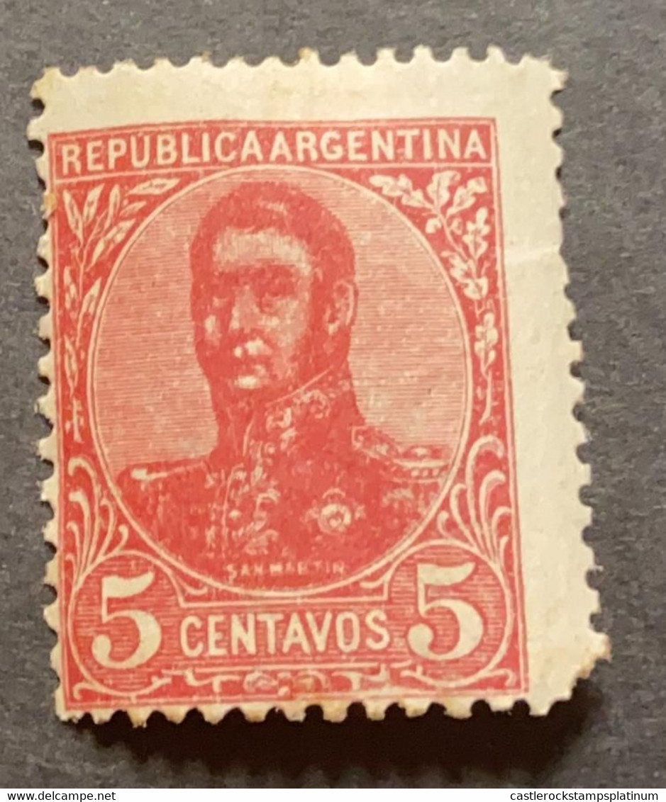 A) 1908, ARGENTINA, GENERAL JOSE DE SAN MARTIN, SHIFTED, 5C, DATA ISSUED OF FEB 29 1908, DARK PINK - Ungebraucht