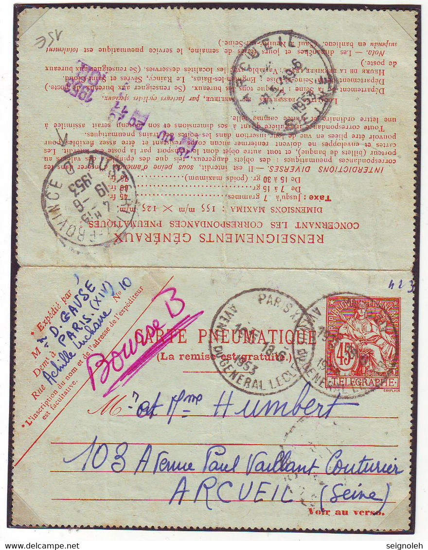 Cachet AUSTERLITZ PROVINCE D Sur PNEUMATIQUE De Paris Pour ARCUEIL 1953 ....lettre - 1961-....