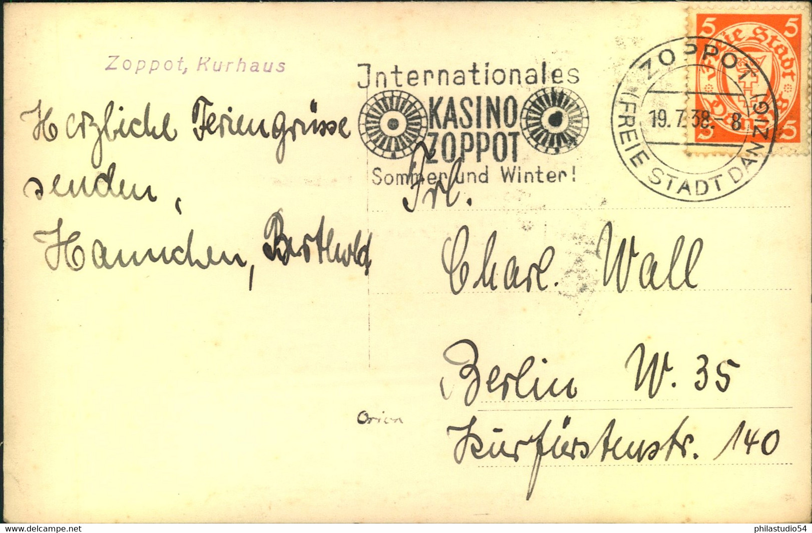 1939, Ansichtskarte Mit Werbestempel "ZOPPOT (FREIESTADT DANZIG) - Internationales Kasino" - Lettres & Documents