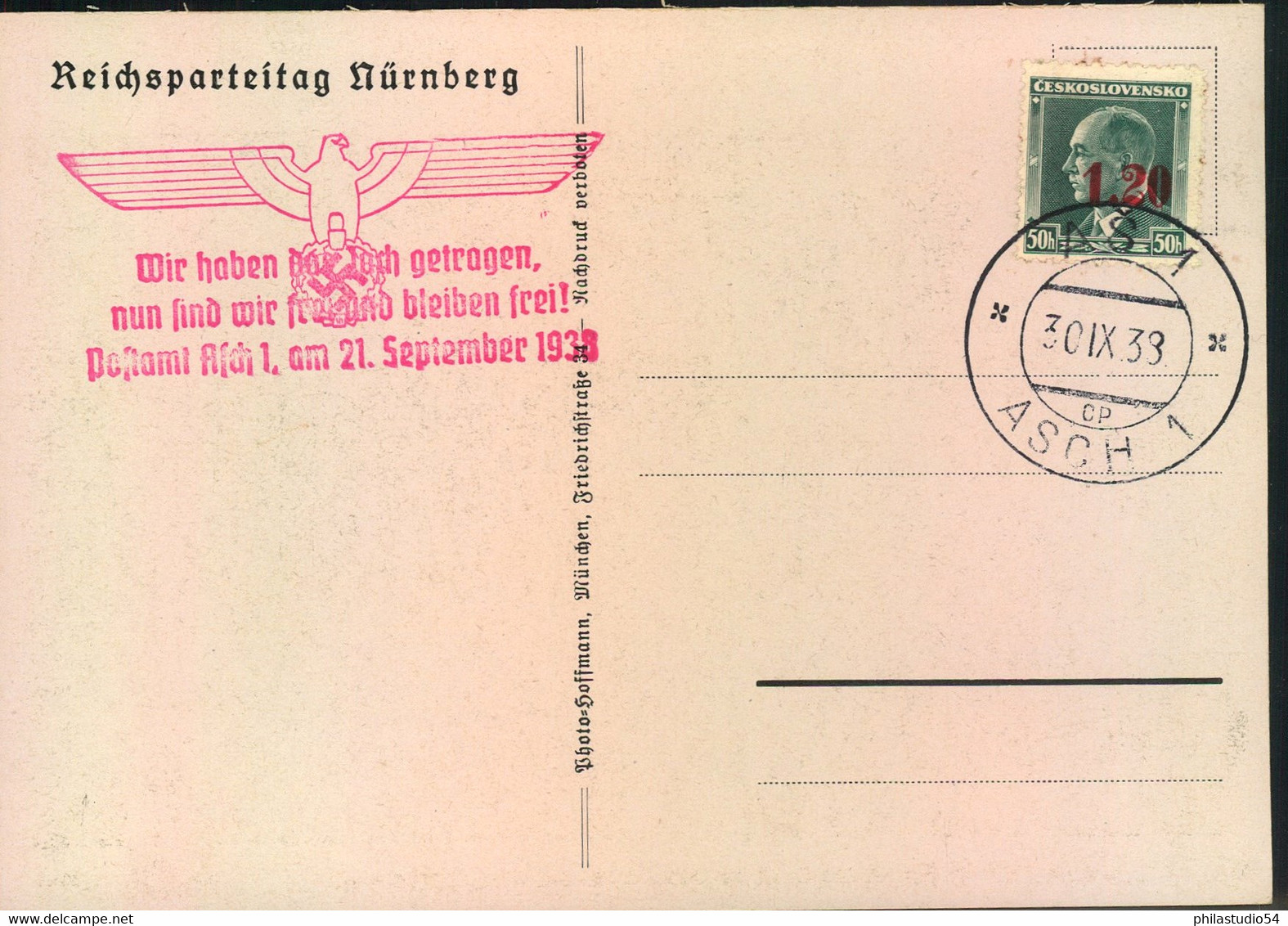 1938, Propagandakarte "Appell Des R.A.D. Aus Der Zeppelinwiese Mit Befreiungsstempel ASCH - Autres & Non Classés