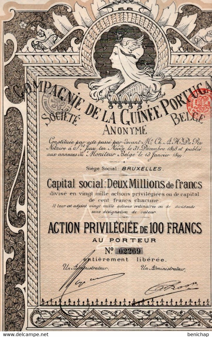 Action Privilégiée De 100 Frcs Au Porteur - Compagnie De La Guinée Portugaise S.A.Belge - Bruxelles 1899. - Industry