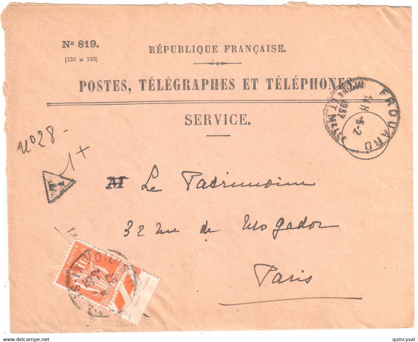 FROUARD Meurthe Et Moselle Recouvrement Formule 819 Entière Yv 286 1F Paix Orange Utilisé Pour Taxe Ob 1936 - Briefe U. Dokumente