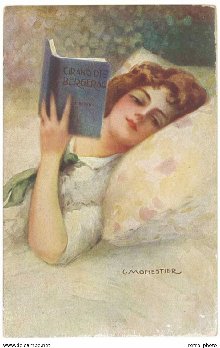 Cpa Signée Monestier , Femme Au Livre " Cirano Di Bergerac " - Monestier, C.