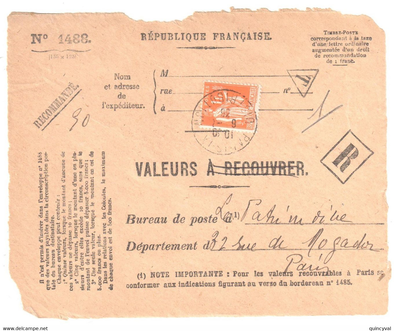 PARIS IX Devant Formule 1488 Valeurs à Recouvrer En Tant Que Valeurs RECOUVREES Taxe PAR Yv 286 1F Paix Orange Ob 1936 - Lettres & Documents