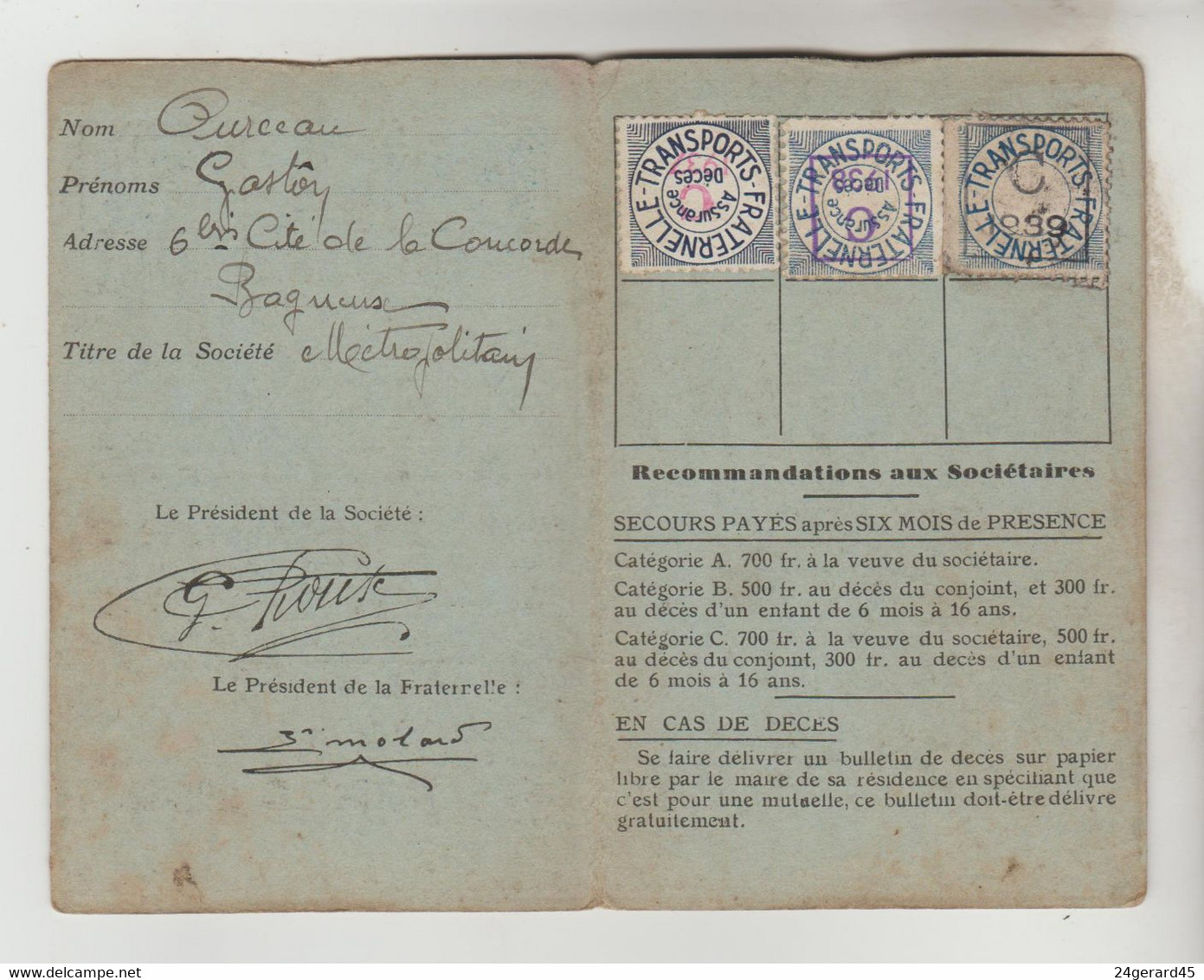 CARTE D'ASSURANCE DECES "LA FRATERNELLE" ADHERENT 1937,1938, 1939 N°2813 - Visitenkarten