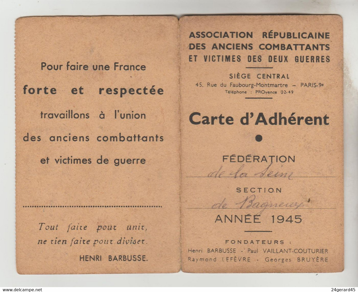 CARTE D'ADHERENT A.R.A.C ASSOCIATION REPUBLICAINE ANCIENS COMBATTANTS DES 2 GUERRES 1945 N° 81216 - Visitekaartjes