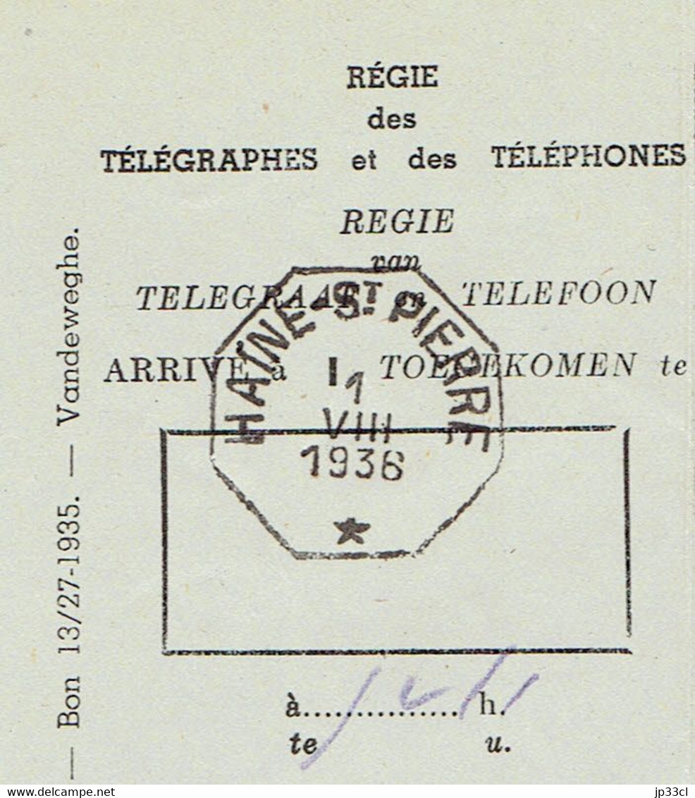 Ancien Télégramme Envoyé De Haine-St-Pierre Vers Jolimont Haine-St-Paul Le 1/8/1936 - Telegramas