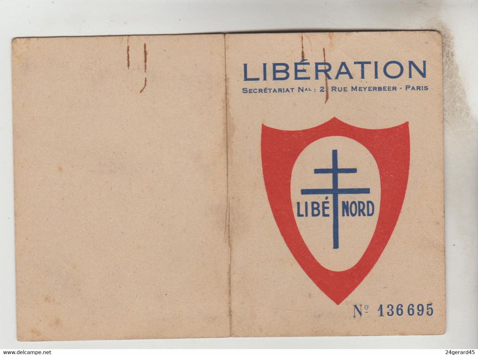 CARTE D'ADHERENT MEMBRE ACTIF "LIBERATION NORD" 1945 N° 136695 - Visitekaartjes