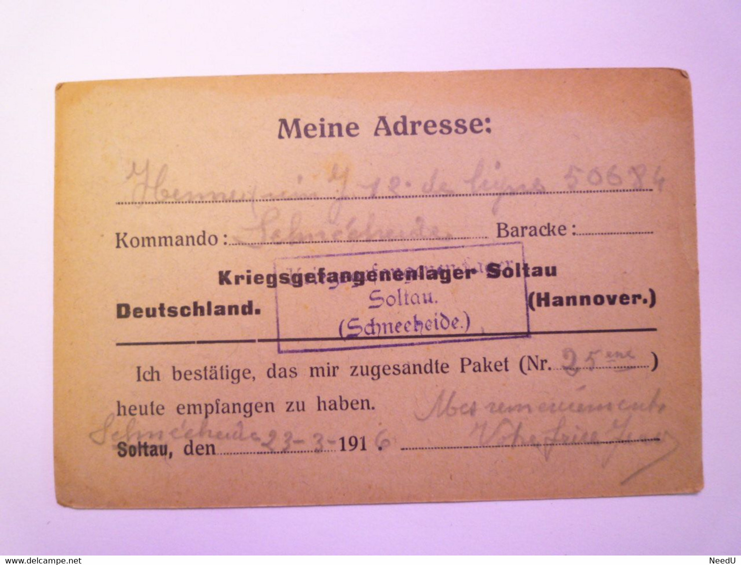 GP 2020  -  2624  Kriegsgefangenenlager SOLTAU  :  FELDPOSTKARTE  -  Kriegsgefangenensendung  1916  XXX - Soltau