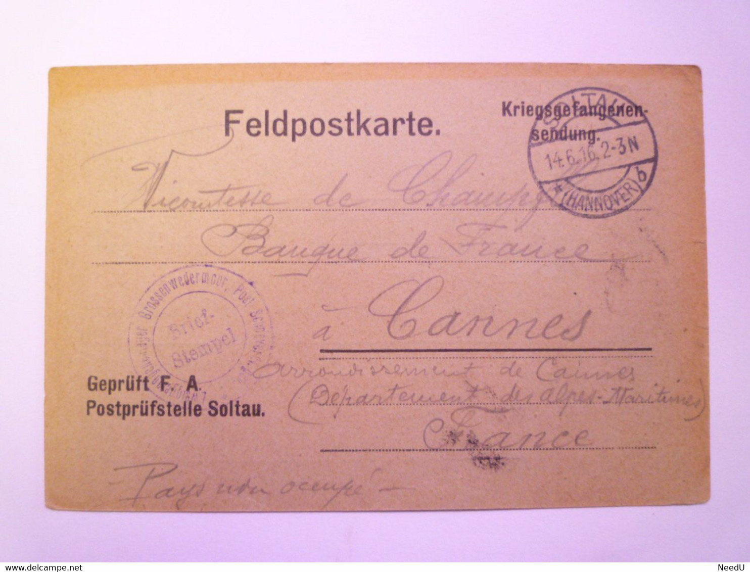 GP 2020  -  2625  Kriegsgefangenenlager SOLTAU  :  FELDPOSTKARTE  -  Kriegsgefangenensendung  1916  XXX - Soltau