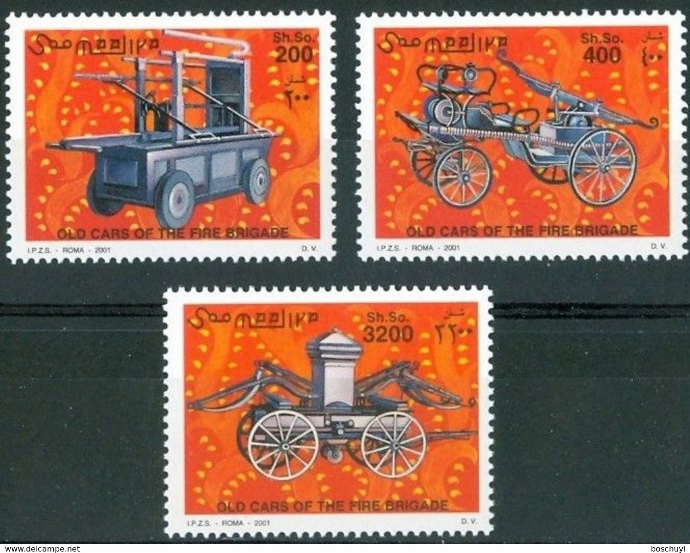 Somalia, 2001, Historic Firetrucks, Firefighting, MNH, Michel 879-881 - Somalia (1960-...)